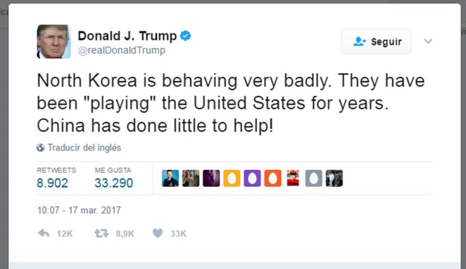 Trump advirti&oacute; a Corea del Norte: "Se est&aacute;n portando muy mal"