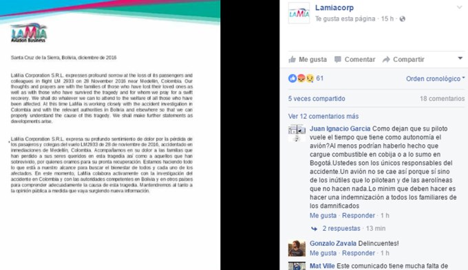 Se acord&oacute; tarde: LaMia emiti&oacute; un comunicado sobre la tragedia